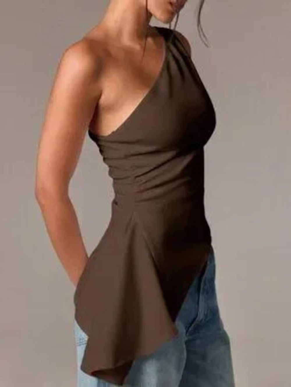 Chocolate Brown Casual Women's Sleeveless One Shoulder Peplum Top